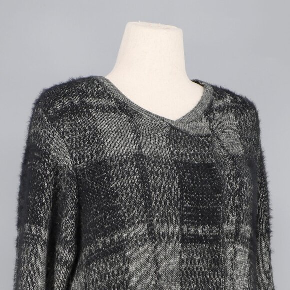 J.JILL Windowpane Long Fuzzy Knit Cardigan Sweater Black Gray Size L - Picture 3 of 8